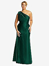 Front View Thumbnail - Hunter Green Bow One-Shoulder Satin Trumpet Gown