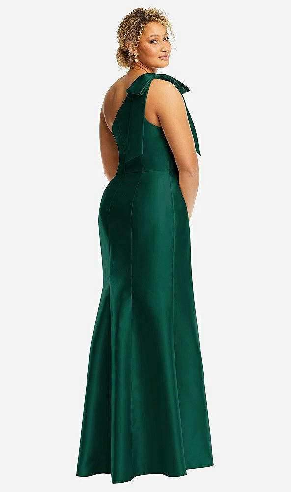 Back View - Hunter Green Bow One-Shoulder Satin Trumpet Gown