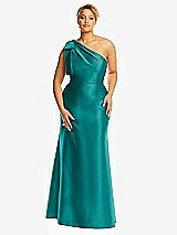 Front View Thumbnail - Jade Bow One-Shoulder Satin Trumpet Gown