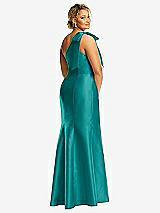 Rear View Thumbnail - Jade Bow One-Shoulder Satin Trumpet Gown