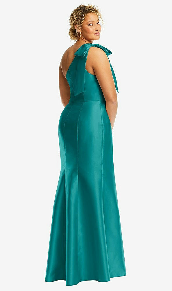 Back View - Jade Bow One-Shoulder Satin Trumpet Gown