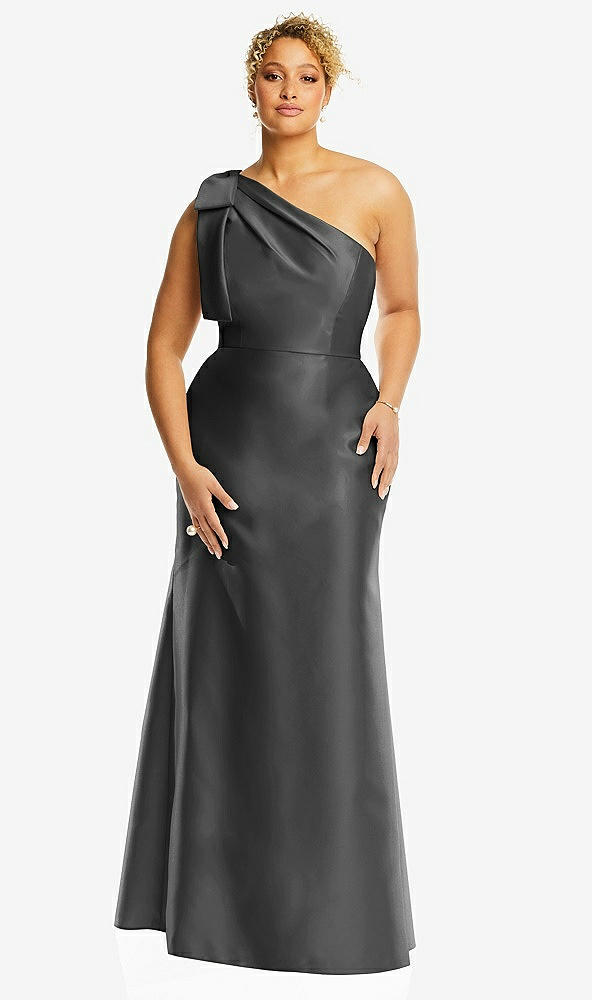 Front View - Pewter Bow One-Shoulder Satin Trumpet Gown