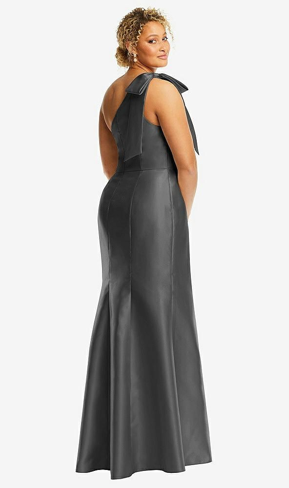 Back View - Pewter Bow One-Shoulder Satin Trumpet Gown