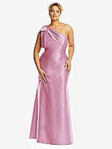 Front View Thumbnail - Powder Pink Bow One-Shoulder Satin Trumpet Gown