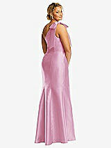 Rear View Thumbnail - Powder Pink Bow One-Shoulder Satin Trumpet Gown