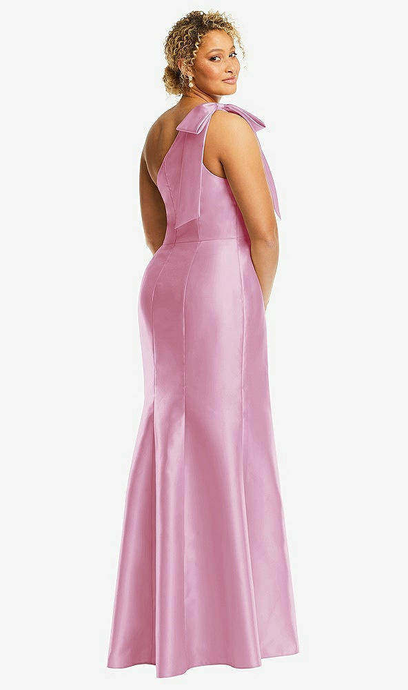 Back View - Powder Pink Bow One-Shoulder Satin Trumpet Gown