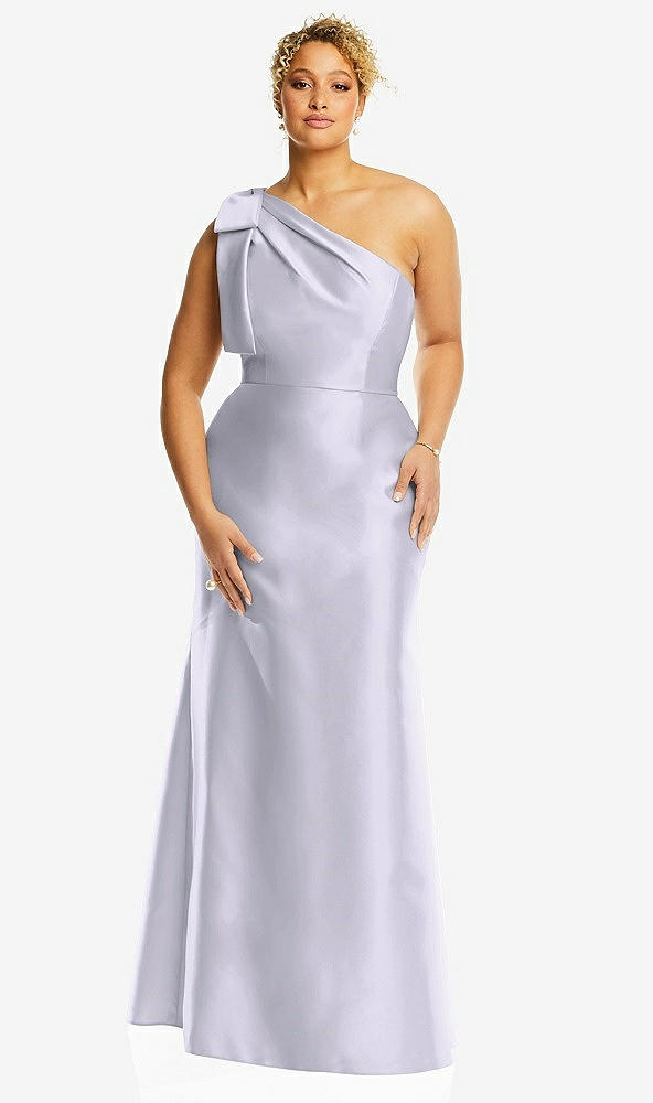 Front View - Silver Dove Bow One-Shoulder Satin Trumpet Gown