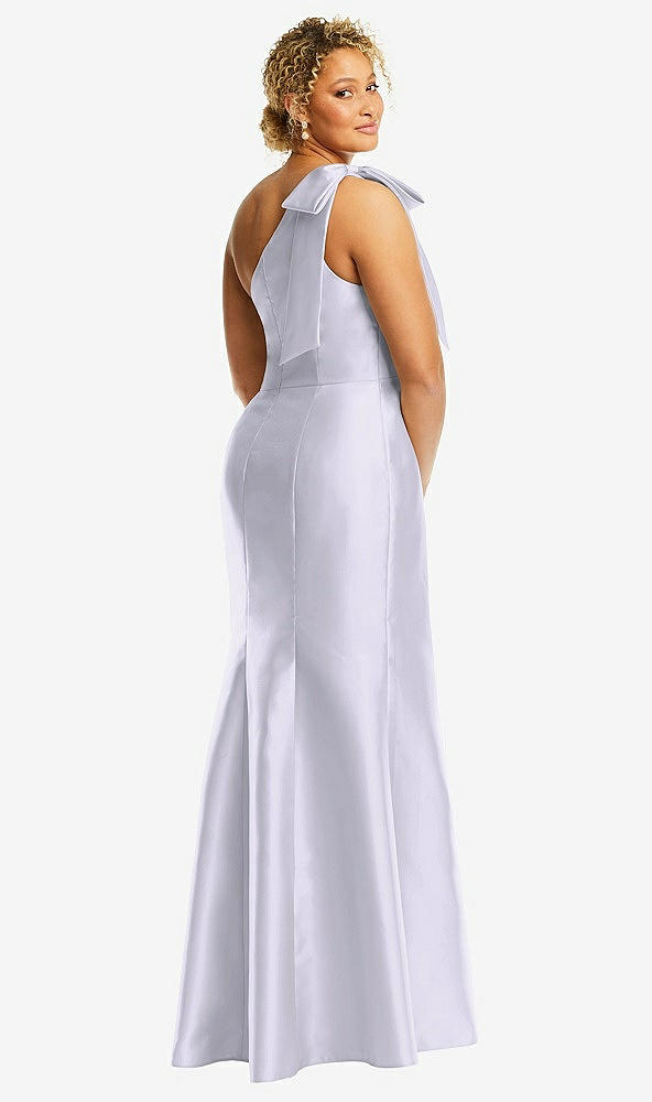 Back View - Silver Dove Bow One-Shoulder Satin Trumpet Gown
