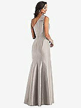 Alt View 2 Thumbnail - Taupe Bow One-Shoulder Satin Trumpet Gown