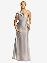Front View Thumbnail - Taupe Bow One-Shoulder Satin Trumpet Gown