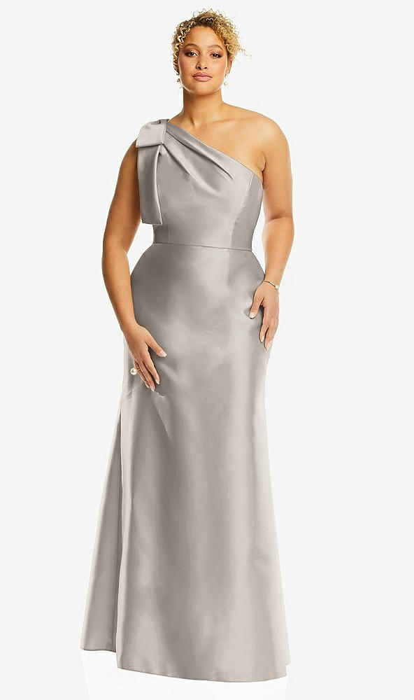 Front View - Taupe Bow One-Shoulder Satin Trumpet Gown
