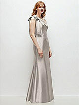 Rear View Thumbnail - Taupe Bow One-Shoulder Satin Trumpet Gown