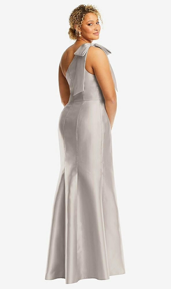 Back View - Taupe Bow One-Shoulder Satin Trumpet Gown