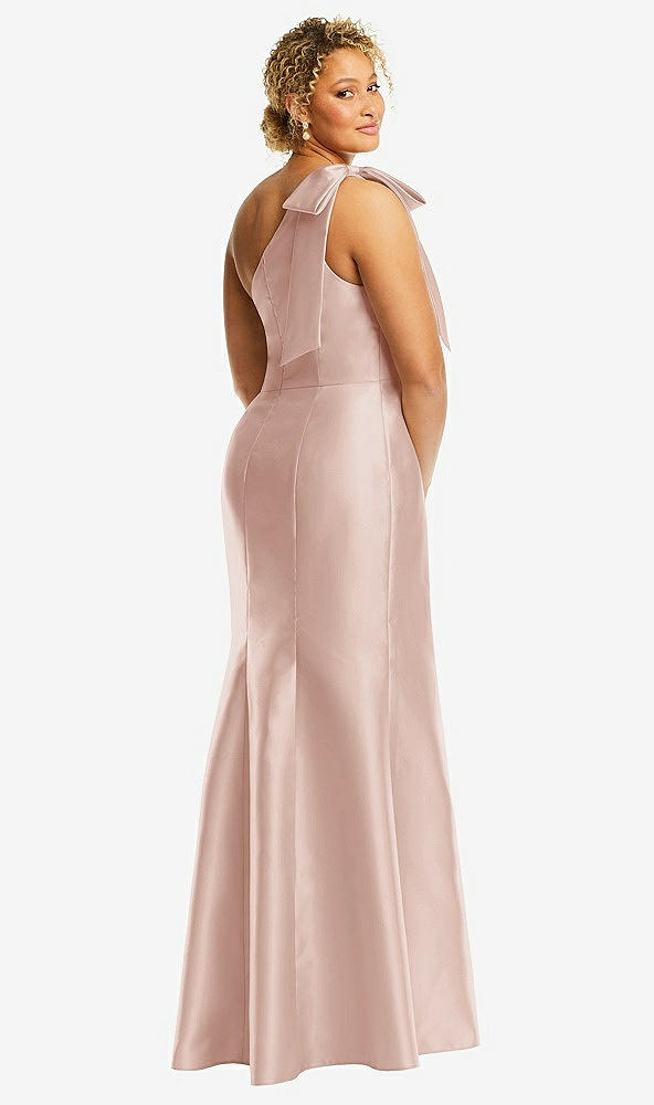 Back View - Toasted Sugar Bow One-Shoulder Satin Trumpet Gown