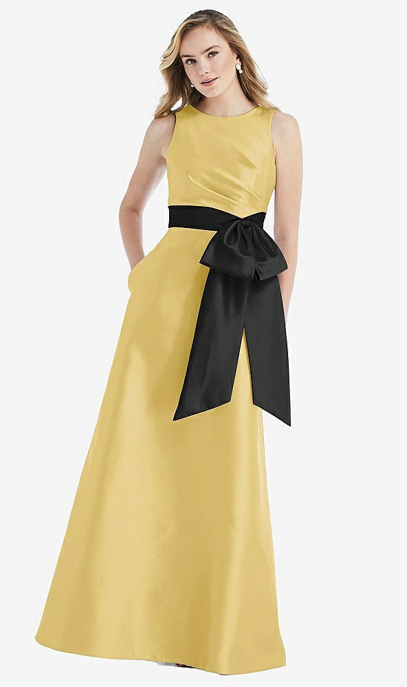 Front View - Maize & Black High-Neck Bow-Waist Maxi Dress with Pockets