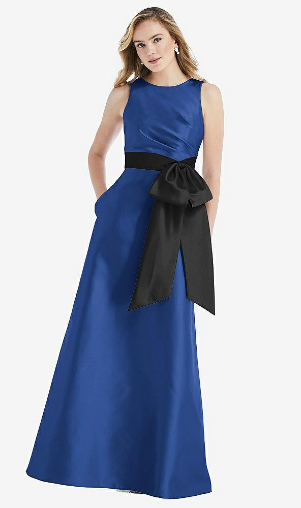 Front View - Classic Blue & Black High-Neck Bow-Waist Maxi Dress with Pockets