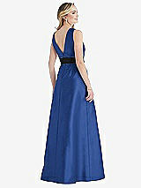 Rear View Thumbnail - Classic Blue & Black High-Neck Bow-Waist Maxi Dress with Pockets