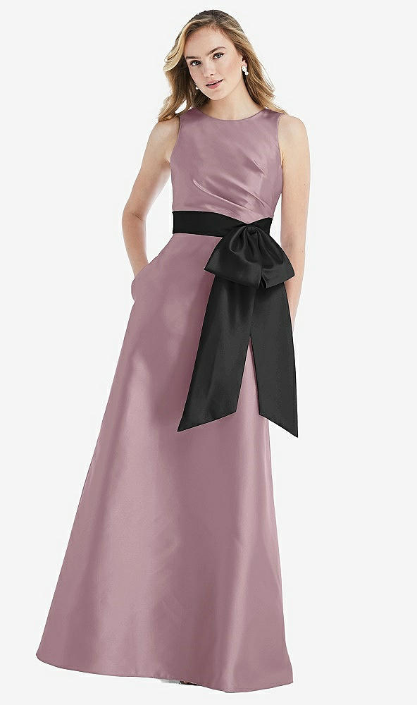 Front View - Dusty Rose & Black High-Neck Bow-Waist Maxi Dress with Pockets