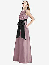 Side View Thumbnail - Dusty Rose & Black High-Neck Bow-Waist Maxi Dress with Pockets