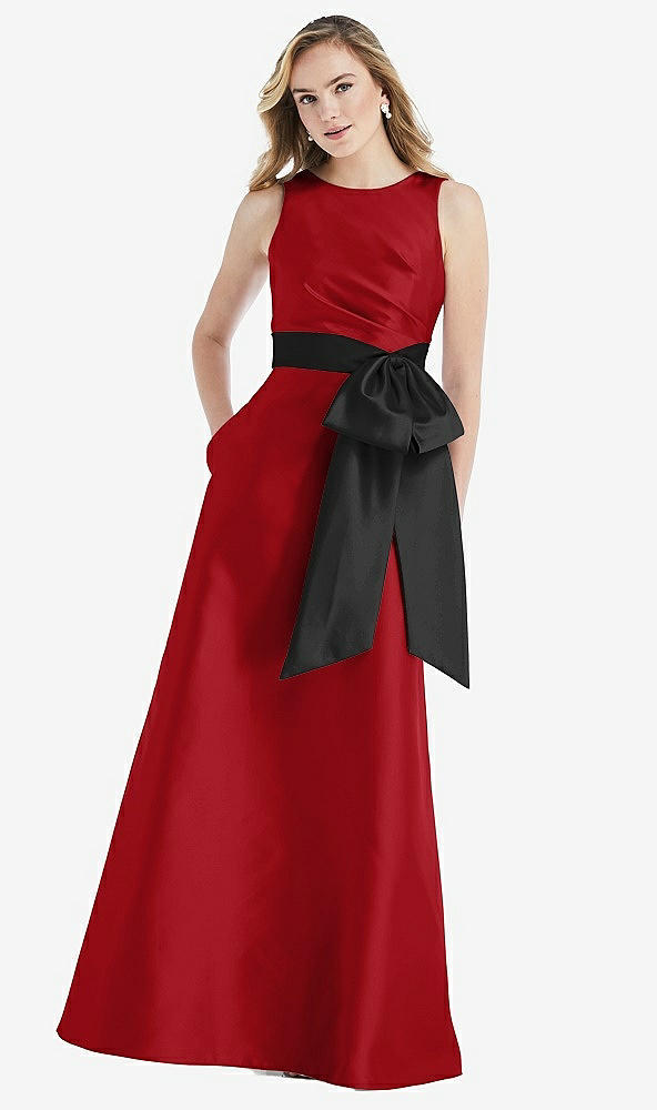 Front View - Garnet & Black High-Neck Bow-Waist Maxi Dress with Pockets