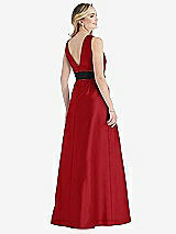 Rear View Thumbnail - Garnet & Black High-Neck Bow-Waist Maxi Dress with Pockets