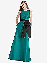 Front View Thumbnail - Jade & Black High-Neck Bow-Waist Maxi Dress with Pockets