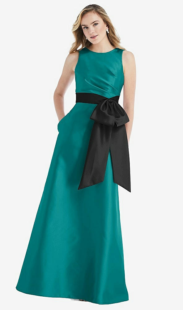 Front View - Jade & Black High-Neck Bow-Waist Maxi Dress with Pockets