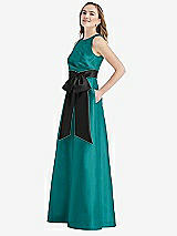 Side View Thumbnail - Jade & Black High-Neck Bow-Waist Maxi Dress with Pockets