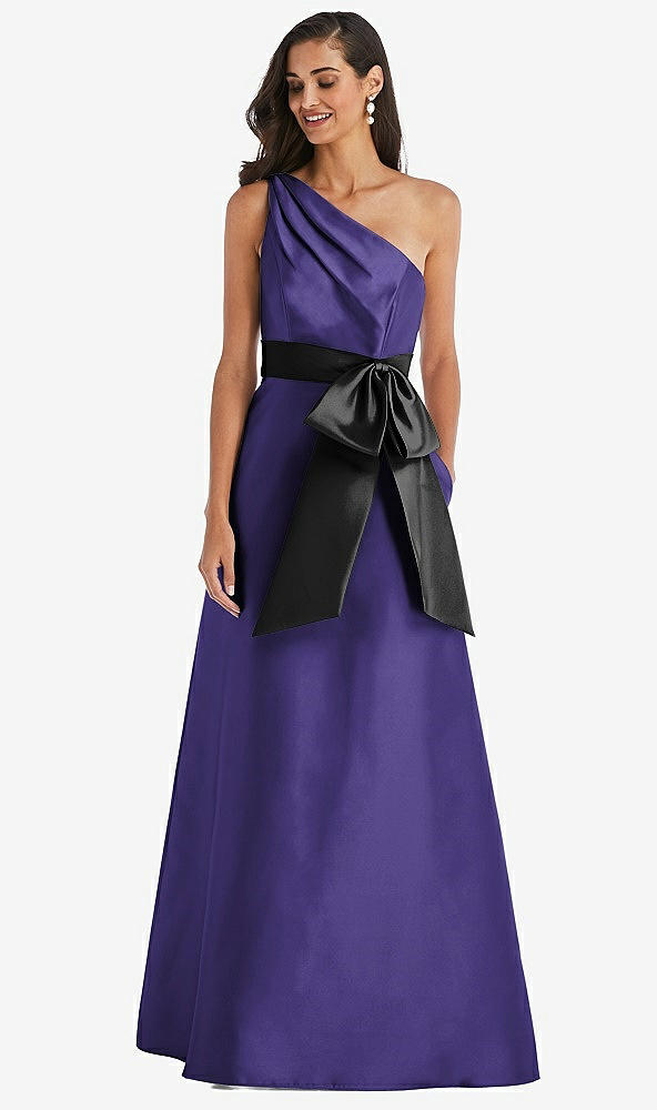 Front View - Grape & Black One-Shoulder Bow-Waist Maxi Dress with Pockets