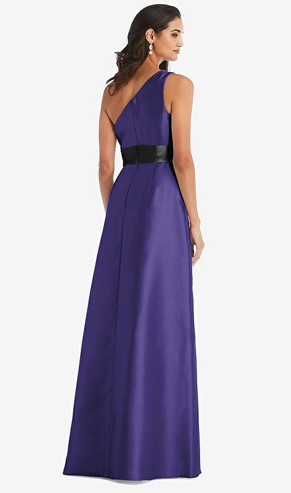 Back View - Grape & Black One-Shoulder Bow-Waist Maxi Dress with Pockets