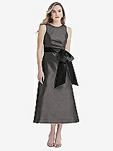 Front View Thumbnail - Caviar Gray & Black High-Neck Bow-Waist Midi Dress with Pockets