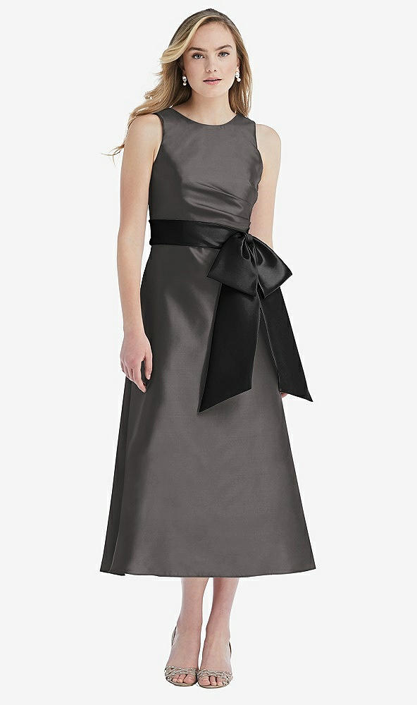Front View - Caviar Gray & Black High-Neck Bow-Waist Midi Dress with Pockets
