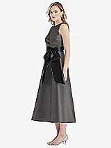 Side View Thumbnail - Caviar Gray & Black High-Neck Bow-Waist Midi Dress with Pockets