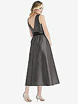 Rear View Thumbnail - Caviar Gray & Black High-Neck Bow-Waist Midi Dress with Pockets