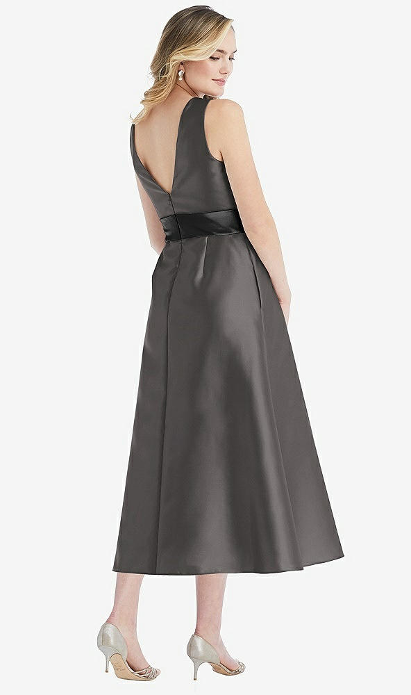 Back View - Caviar Gray & Black High-Neck Bow-Waist Midi Dress with Pockets