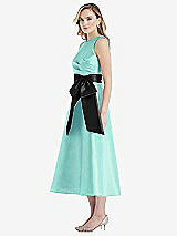 Side View Thumbnail - Coastal & Black High-Neck Bow-Waist Midi Dress with Pockets