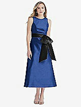 Front View Thumbnail - Classic Blue & Black High-Neck Bow-Waist Midi Dress with Pockets