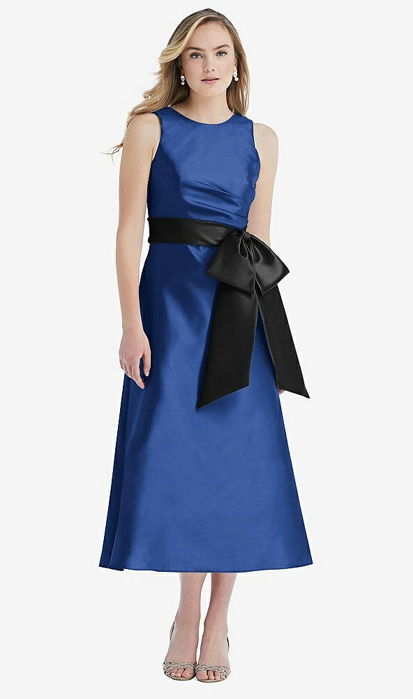 Front View - Classic Blue & Black High-Neck Bow-Waist Midi Dress with Pockets