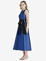 Side View Thumbnail - Classic Blue & Black High-Neck Bow-Waist Midi Dress with Pockets