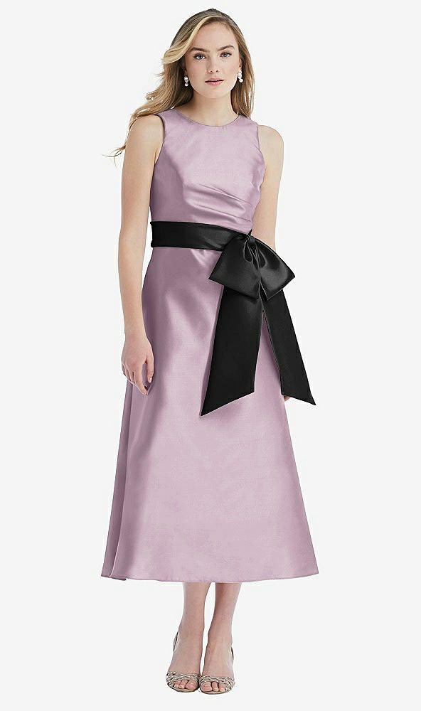Front View - Suede Rose & Black High-Neck Bow-Waist Midi Dress with Pockets