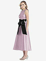 Side View Thumbnail - Suede Rose & Black High-Neck Bow-Waist Midi Dress with Pockets