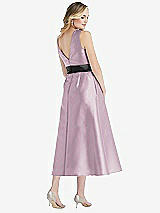 Rear View Thumbnail - Suede Rose & Black High-Neck Bow-Waist Midi Dress with Pockets
