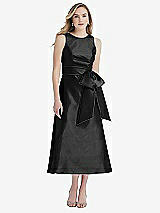 Front View Thumbnail - Black & Black High-Neck Bow-Waist Midi Dress with Pockets