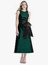 Front View Thumbnail - Evergreen & Black High-Neck Bow-Waist Midi Dress with Pockets