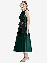 Side View Thumbnail - Evergreen & Black High-Neck Bow-Waist Midi Dress with Pockets