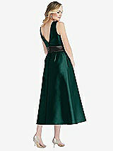 Rear View Thumbnail - Evergreen & Black High-Neck Bow-Waist Midi Dress with Pockets