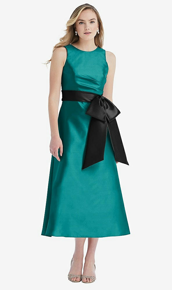 Front View - Jade & Black High-Neck Bow-Waist Midi Dress with Pockets