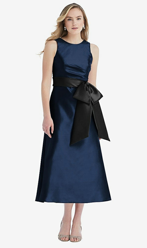 Front View - Midnight Navy & Black High-Neck Bow-Waist Midi Dress with Pockets