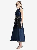 Side View Thumbnail - Midnight Navy & Black High-Neck Bow-Waist Midi Dress with Pockets