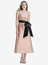 Front View Thumbnail - Toasted Sugar & Black High-Neck Bow-Waist Midi Dress with Pockets